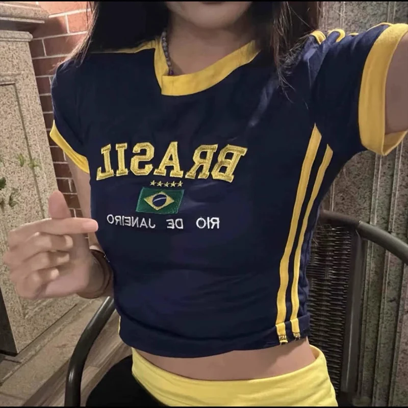 Brasil Baby Tee Embroidered Flag Crop Top Football Soccer y2k Vintage Style