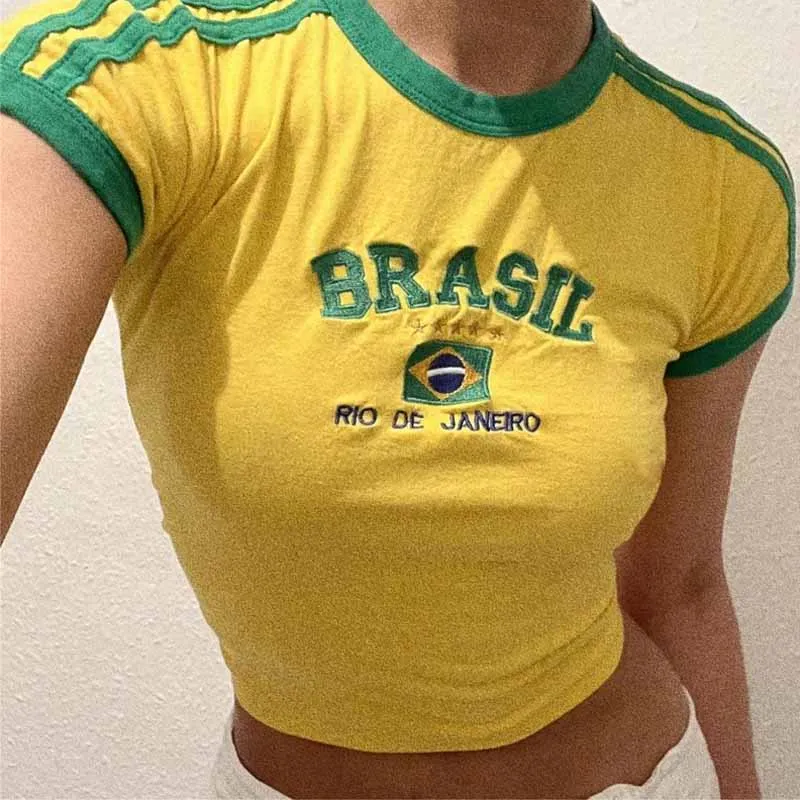 Brasil Baby Tee Embroidered Flag Crop Top Football Soccer y2k Vintage Style